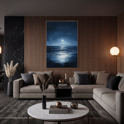Moonlit Midnight Sea Seascape wall art in an elegant modern room – full moon above a dark horizon with its bright