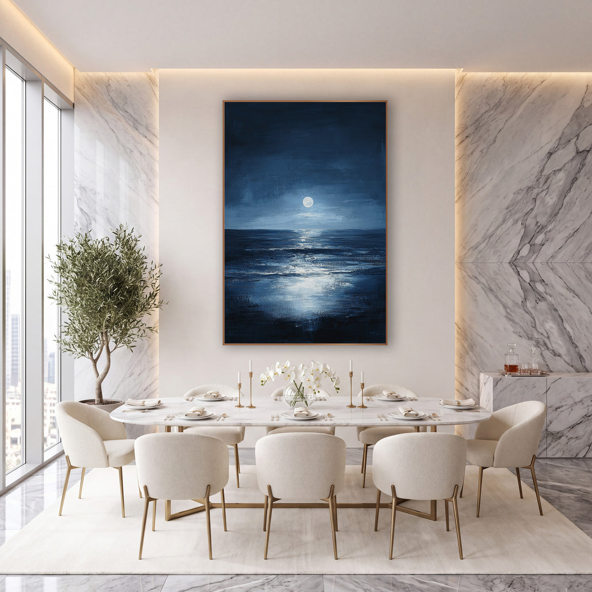 Moonlit Midnight Sea Seascape wall art in an elegant modern room – full moon above a dark horizon with its bright