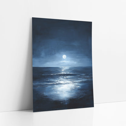 Moonlit Midnight Sea Seascape art print leaning against a white wall – full moon above a dark horizon with its bright