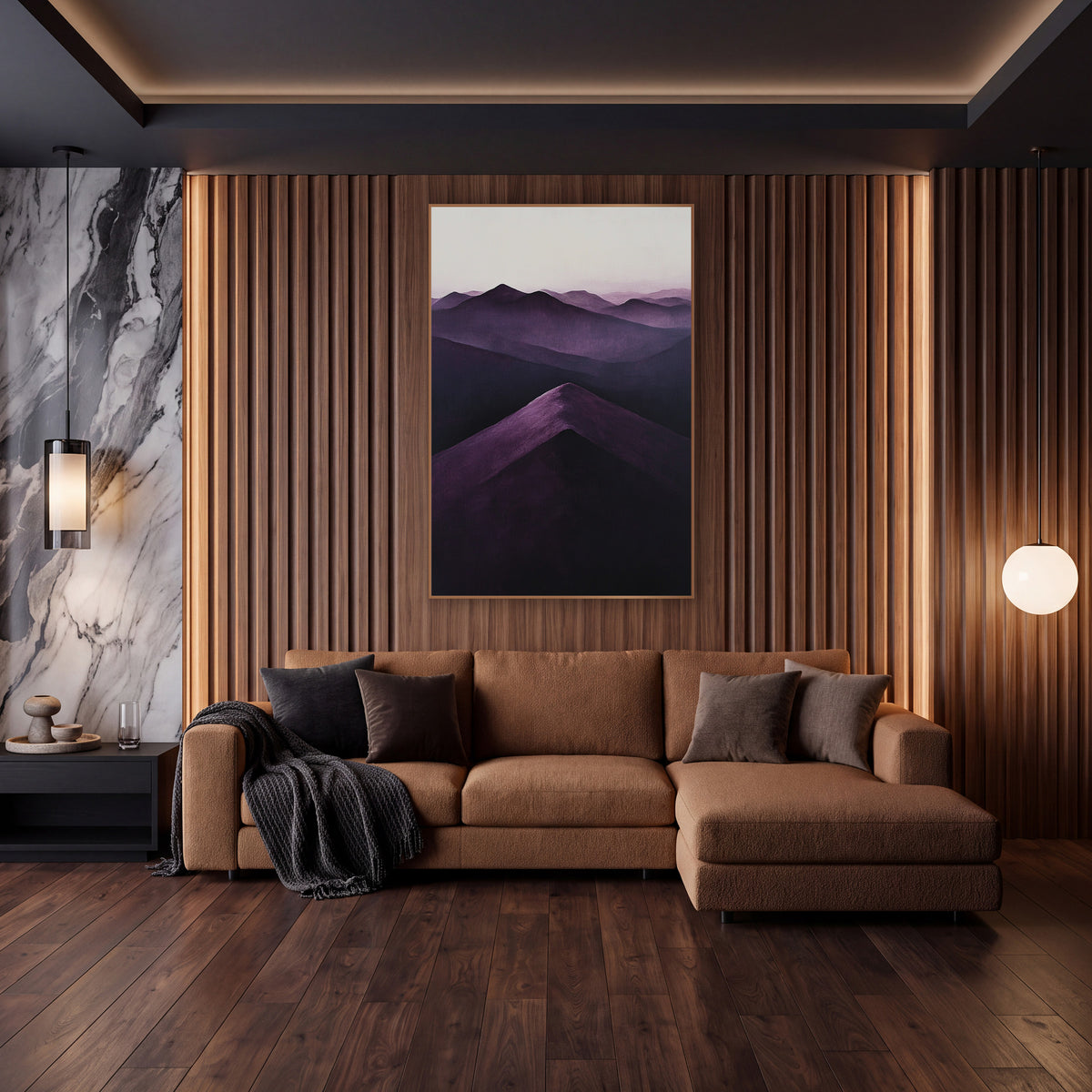 Plum Mountain Ridge Layered Landscape wall art in an elegant modern room – layered purple mountain ridges fading