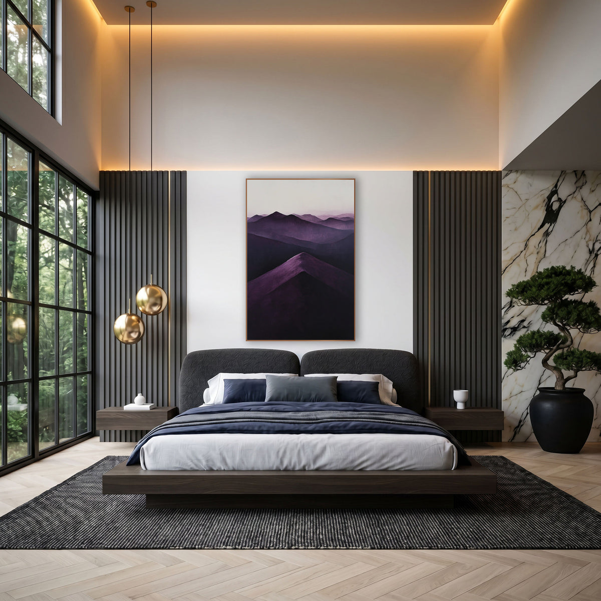Plum Mountain Ridge Layered Landscape wall art in an elegant modern room – layered purple mountain ridges fading