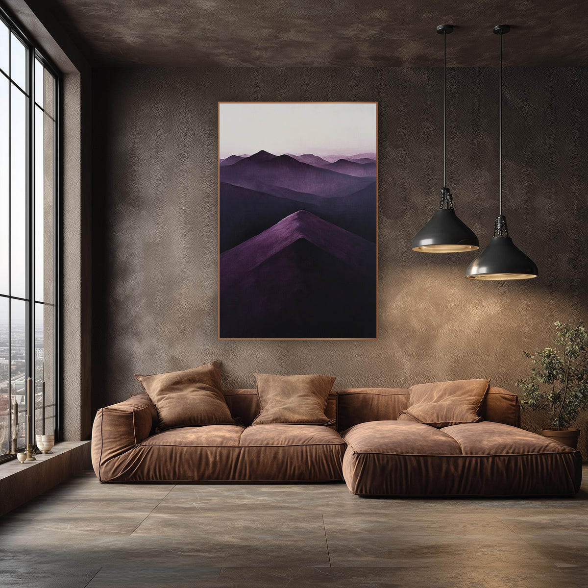 Plum Mountain Ridge Layered Landscape wall art in an elegant modern room – layered purple mountain ridges fading