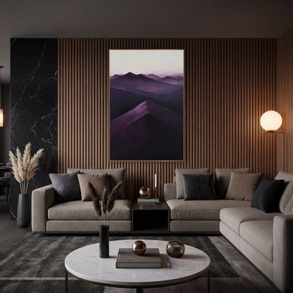 Plum Mountain Ridge Layered Landscape wall art in an elegant modern room – layered purple mountain ridges fading