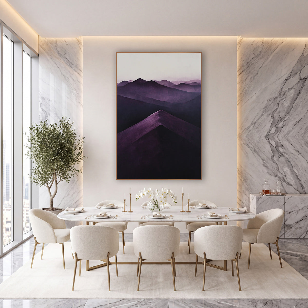 Plum Mountain Ridge Layered Landscape wall art in an elegant modern room – layered purple mountain ridges fading
