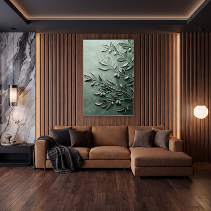 Sage Green Olive Branch Botanical wall art in an elegant modern room – olive branches with silver-green leaves