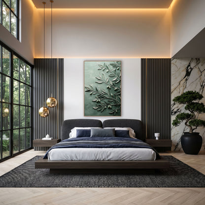 Sage Green Olive Branch Botanical wall art in an elegant modern room – olive branches with silver-green leaves