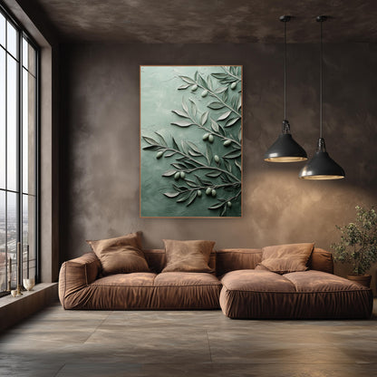 Sage Green Olive Branch Botanical wall art in an elegant modern room – olive branches with silver-green leaves