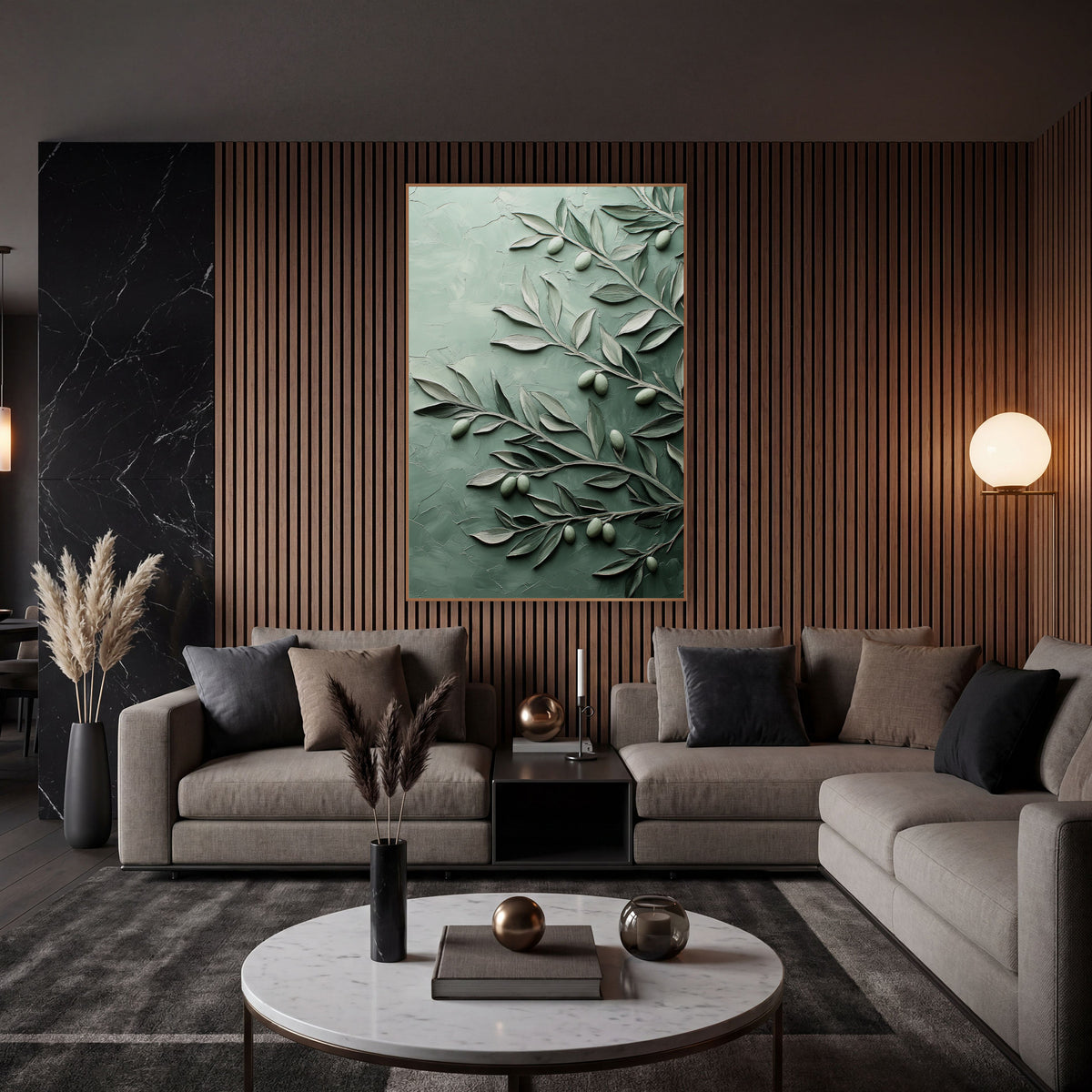 Sage Green Olive Branch Botanical wall art in an elegant modern room – olive branches with silver-green leaves