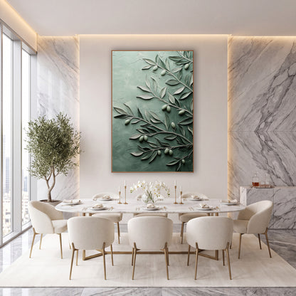 Sage Green Olive Branch Botanical wall art in an elegant modern room – olive branches with silver-green leaves