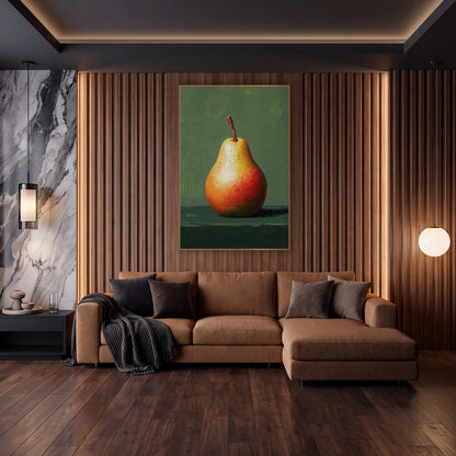 Single Red Pear Still Life wall art in an elegant modern room – single red and orange speckled pear with a brown stem