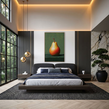 Single Red Pear Still Life wall art in an elegant modern room – single red and orange speckled pear with a brown stem