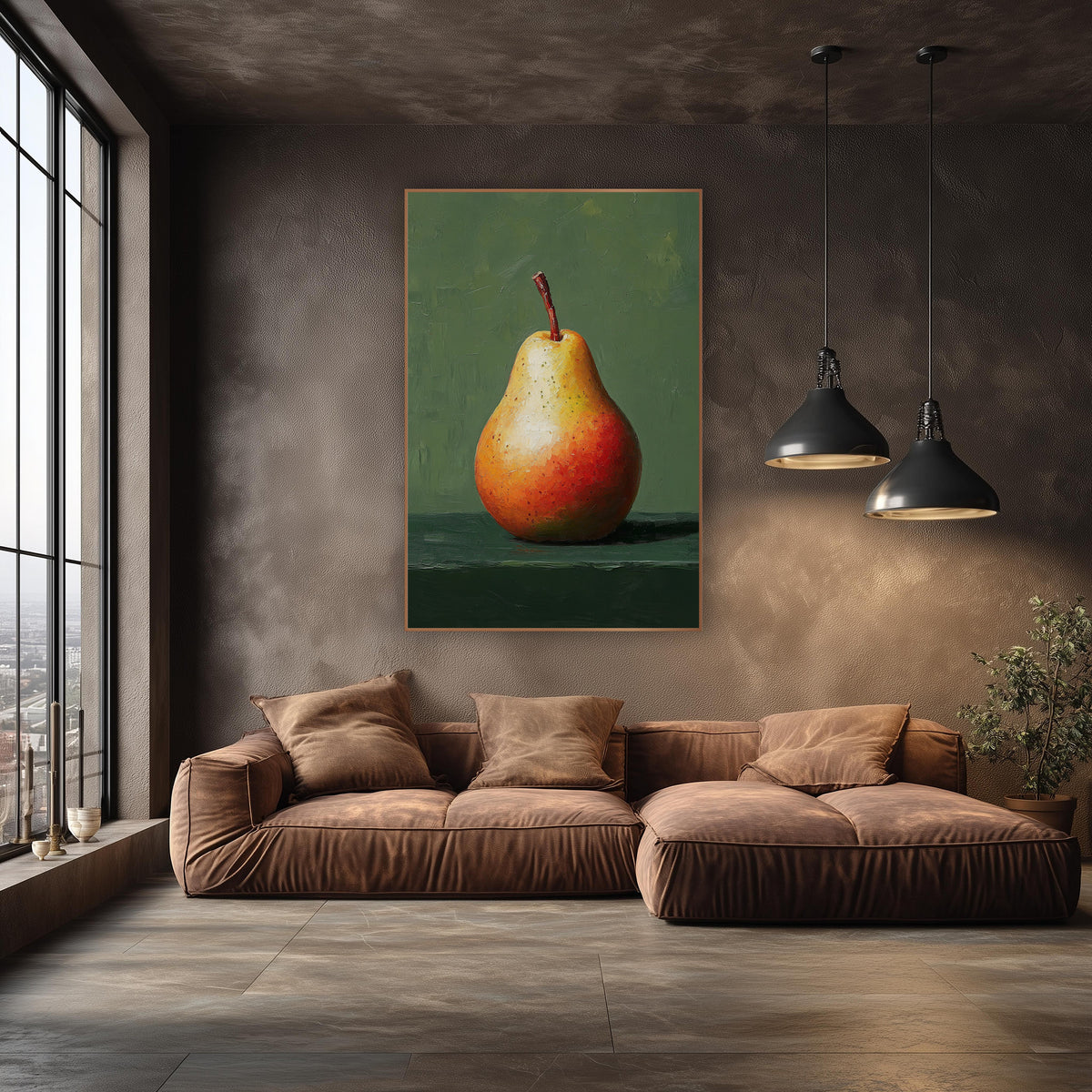 Single Red Pear Still Life wall art in an elegant modern room – single red and orange speckled pear with a brown stem