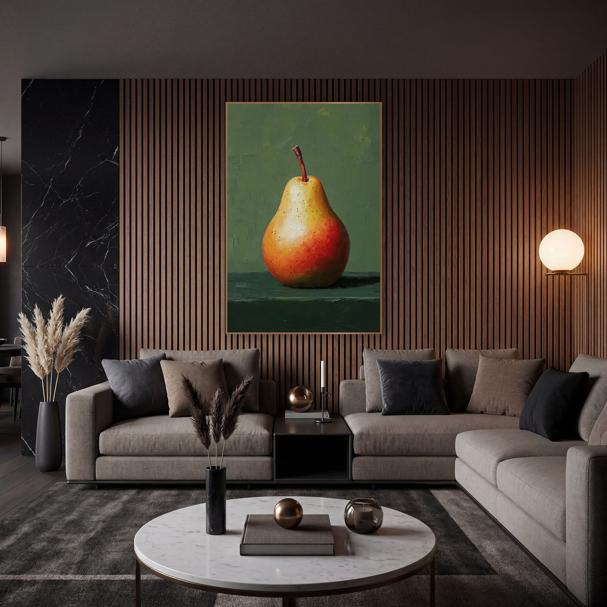 Single Red Pear Still Life wall art in an elegant modern room – single red and orange speckled pear with a brown stem