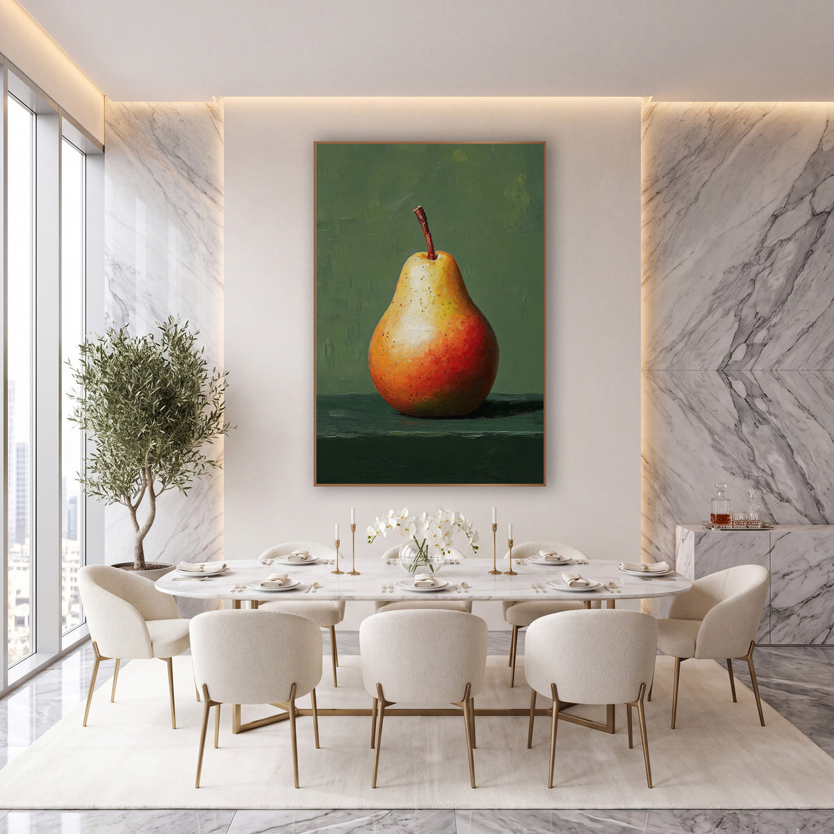 Single Red Pear Still Life wall art in an elegant modern room – single red and orange speckled pear with a brown stem
