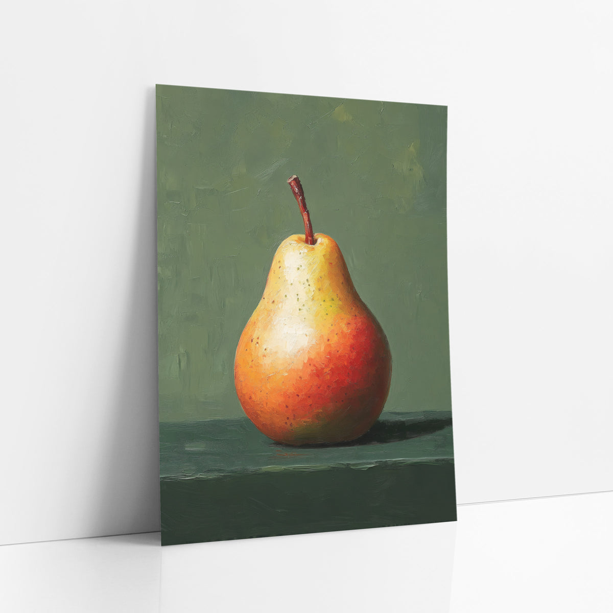 Single Red Pear Still Life art print leaning against a white wall – single red and orange speckled pear with a brown stem