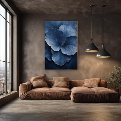 Indigo Overlapping Petals Contemporary Botanical wall art in an elegant modern room – large overlapping blue petals