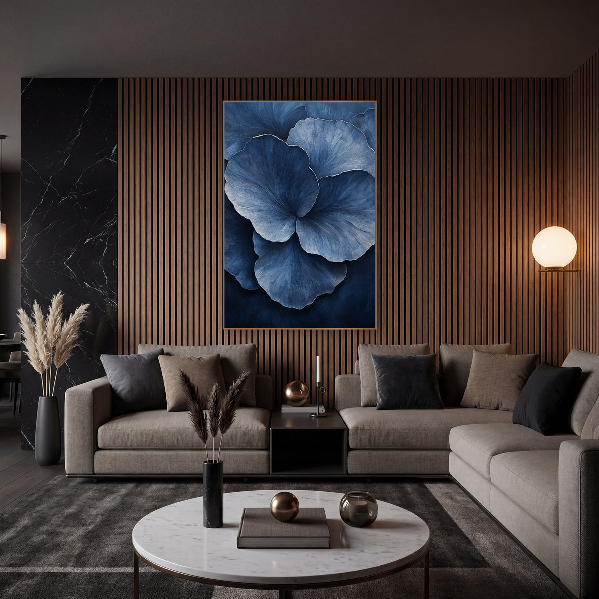 Indigo Overlapping Petals Contemporary Botanical wall art in an elegant modern room – large overlapping blue petals