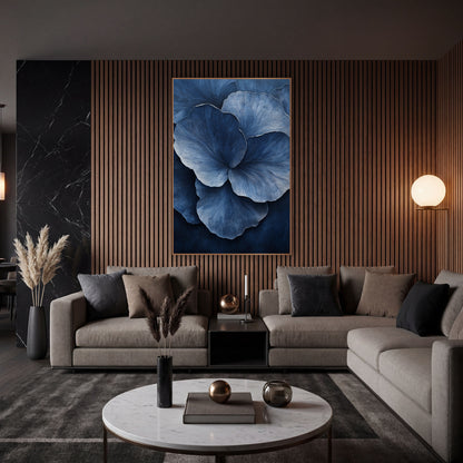 Indigo Overlapping Petals Contemporary Botanical wall art in an elegant modern room – large overlapping blue petals