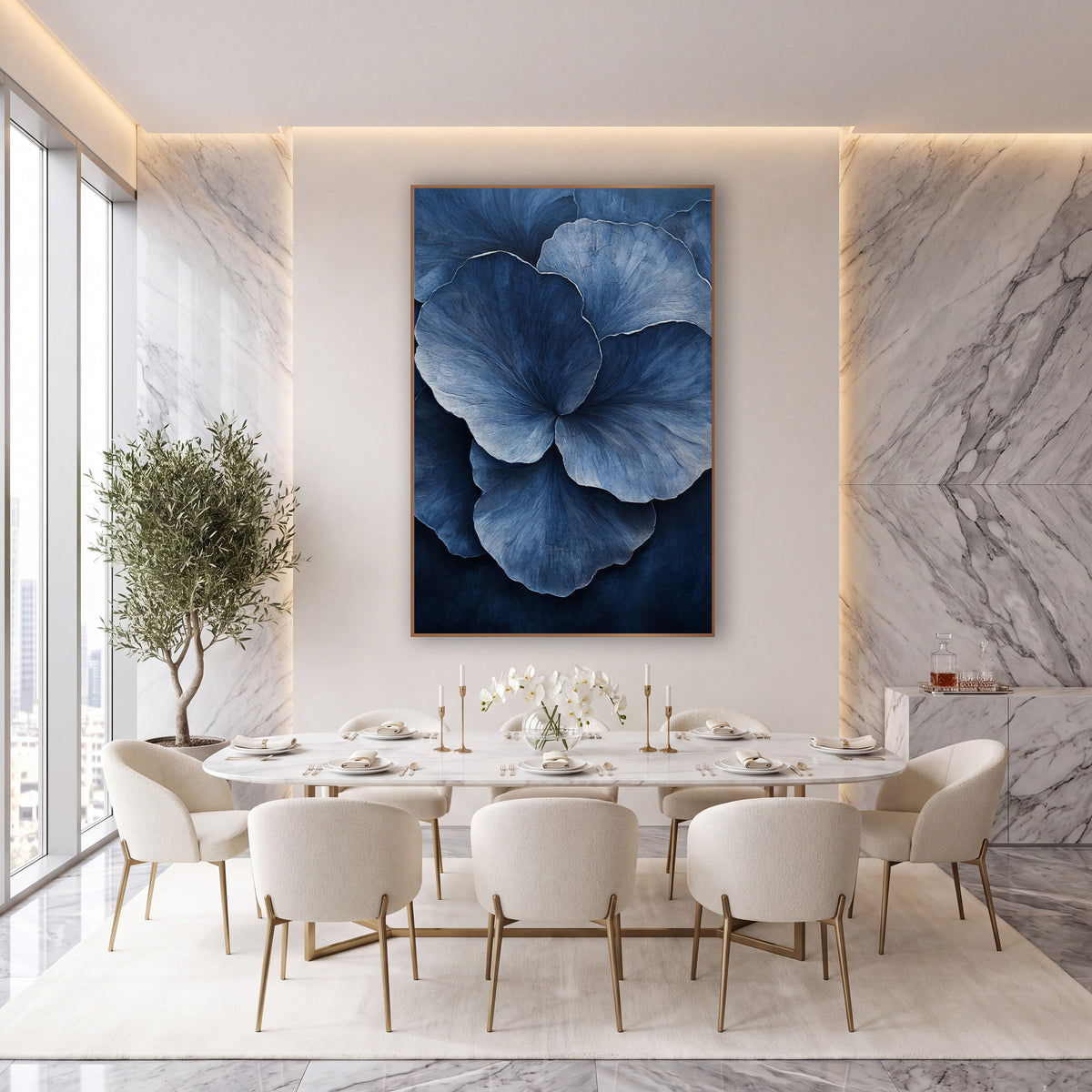 Indigo Overlapping Petals Contemporary Botanical wall art in an elegant modern room – large overlapping blue petals