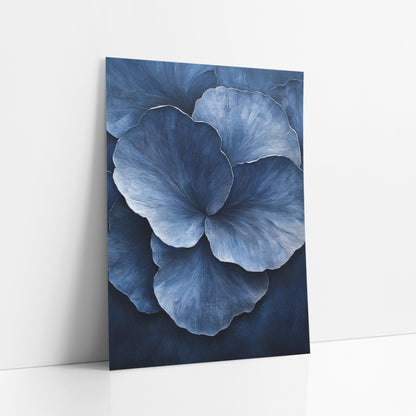 Indigo Overlapping Petals Contemporary Botanical art print leaning against a white wall – large overlapping blue petals