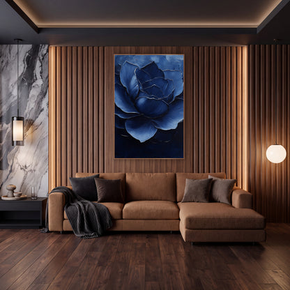 Cobalt Layered Rose Luxe Modern wall art in an elegant modern room – large open navy blue flower with layered petals