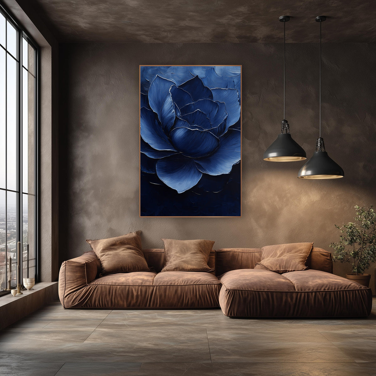 Cobalt Layered Rose Luxe Modern wall art in an elegant modern room – large open navy blue flower with layered petals
