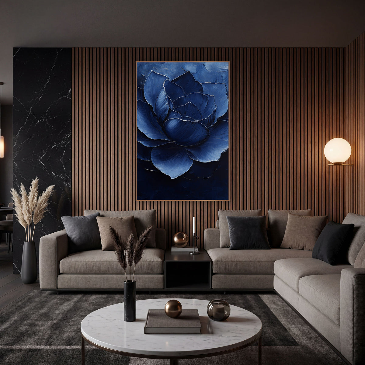 Cobalt Layered Rose Luxe Modern wall art in an elegant modern room – large open navy blue flower with layered petals
