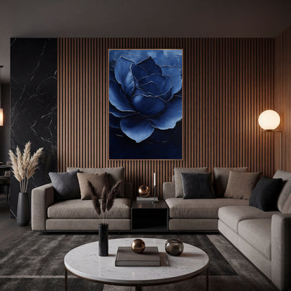 Cobalt Layered Rose Luxe Modern wall art in an elegant modern room – large open navy blue flower with layered petals