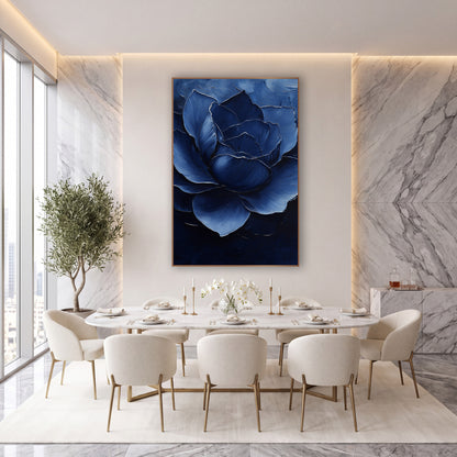 Cobalt Layered Rose Luxe Modern wall art in an elegant modern room – large open navy blue flower with layered petals