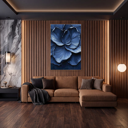 Indigo Layered Petal Floral Luxury wall art in an elegant modern room – close-up of overlapping slate blue and navy