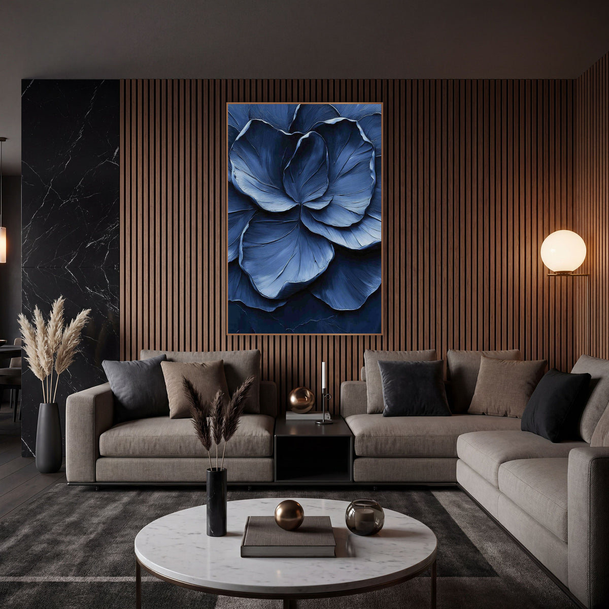 Indigo Layered Petal Floral Luxury wall art in an elegant modern room – close-up of overlapping slate blue and navy