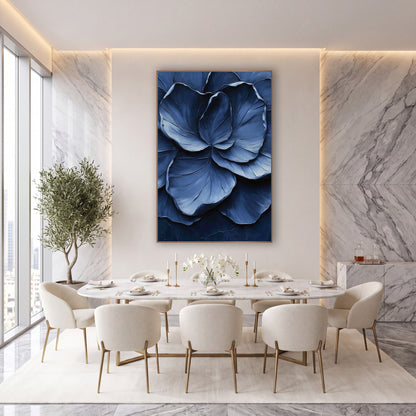 Indigo Layered Petal Floral Luxury wall art in an elegant modern room – close-up of overlapping slate blue and navy