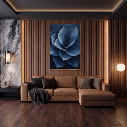 Indigo Petal Spiral Contemporary Floral wall art in an elegant modern room – large navy blue flower with broad