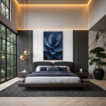 Indigo Petal Spiral Contemporary Floral wall art in an elegant modern room – large navy blue flower with broad