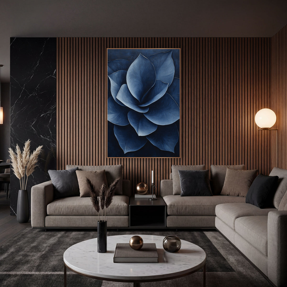 Indigo Petal Spiral Contemporary Floral wall art in an elegant modern room – large navy blue flower with broad