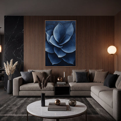 Indigo Petal Spiral Contemporary Floral wall art in an elegant modern room – large navy blue flower with broad