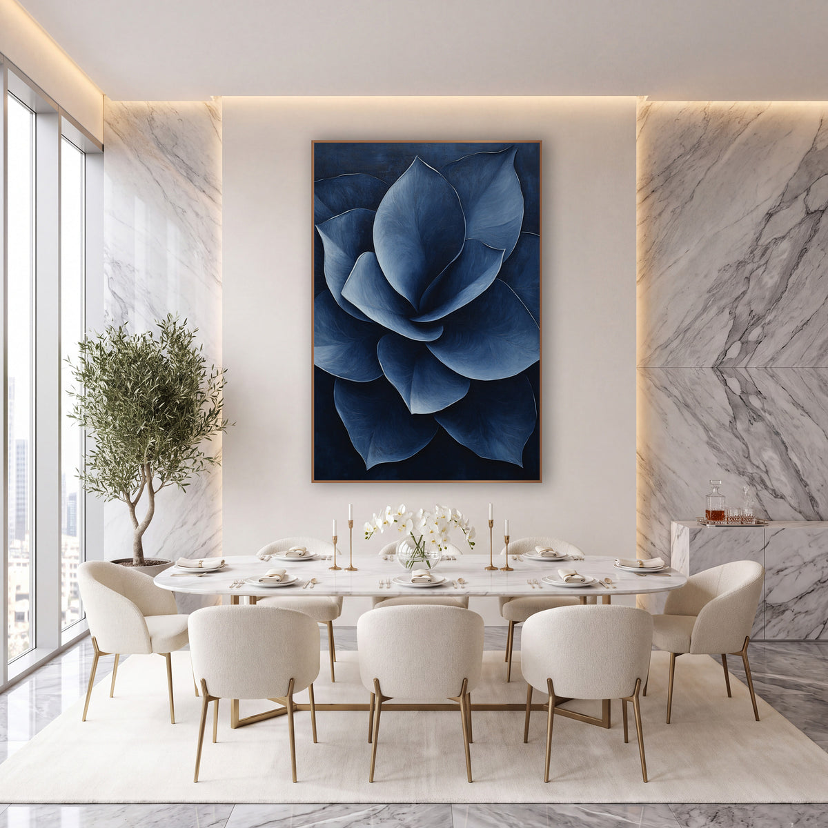 Indigo Petal Spiral Contemporary Floral wall art in an elegant modern room – large navy blue flower with broad