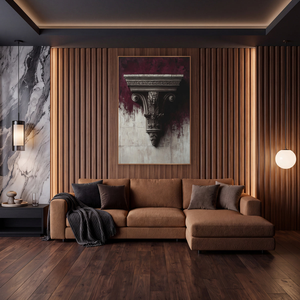 Burgundy Carved Bracket Classical Luxe wall art in an elegant modern room – carved classical bracket with scrolled