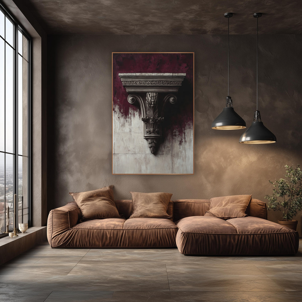 Burgundy Carved Bracket Classical Luxe wall art in an elegant modern room – carved classical bracket with scrolled