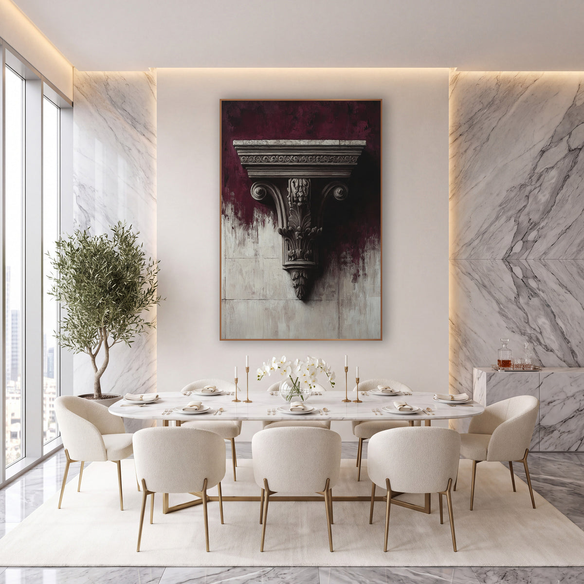 Burgundy Carved Bracket Classical Luxe wall art in an elegant modern room – carved classical bracket with scrolled