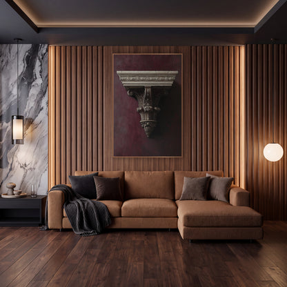 Carved Corbel Fragment Burgundy Classical wall art in an elegant modern room – carved cream-colored bracket
