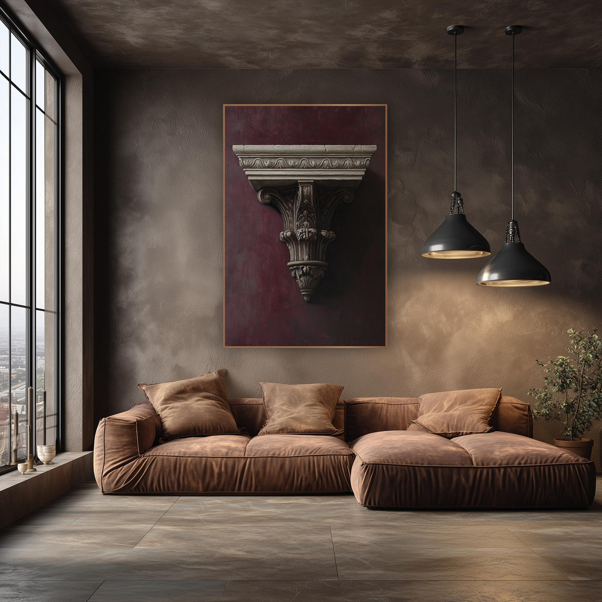 Carved Corbel Fragment Burgundy Classical wall art in an elegant modern room – carved cream-colored bracket