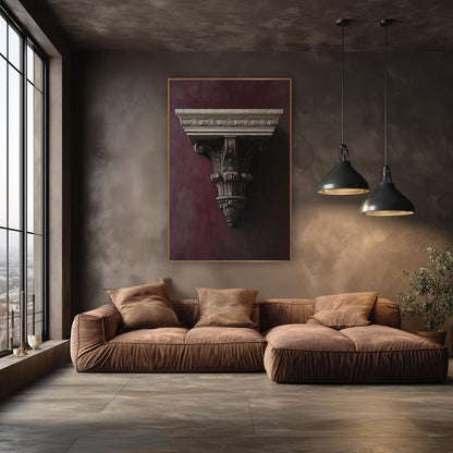 Carved Corbel Fragment Burgundy Classical wall art in an elegant modern room – carved cream-colored bracket