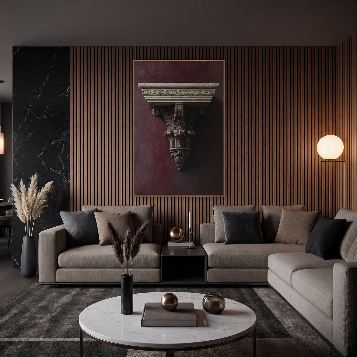 Carved Corbel Fragment Burgundy Classical wall art in an elegant modern room – carved cream-colored bracket