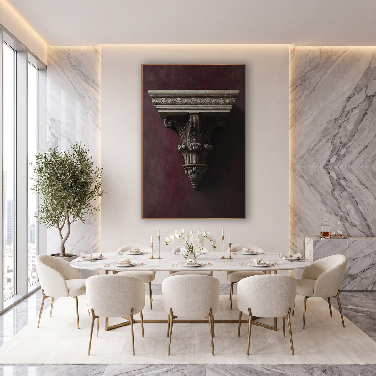 Carved Corbel Fragment Burgundy Classical wall art in an elegant modern room – carved cream-colored bracket