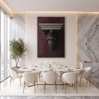 Carved Corbel Fragment Burgundy Classical wall art in an elegant modern room – carved cream-colored bracket