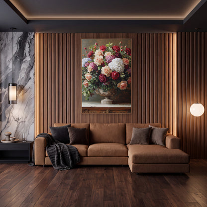 Overflowing Rose Hydrangea Bouquet Classic wall art in an elegant modern room – large bouquet of cream, peach