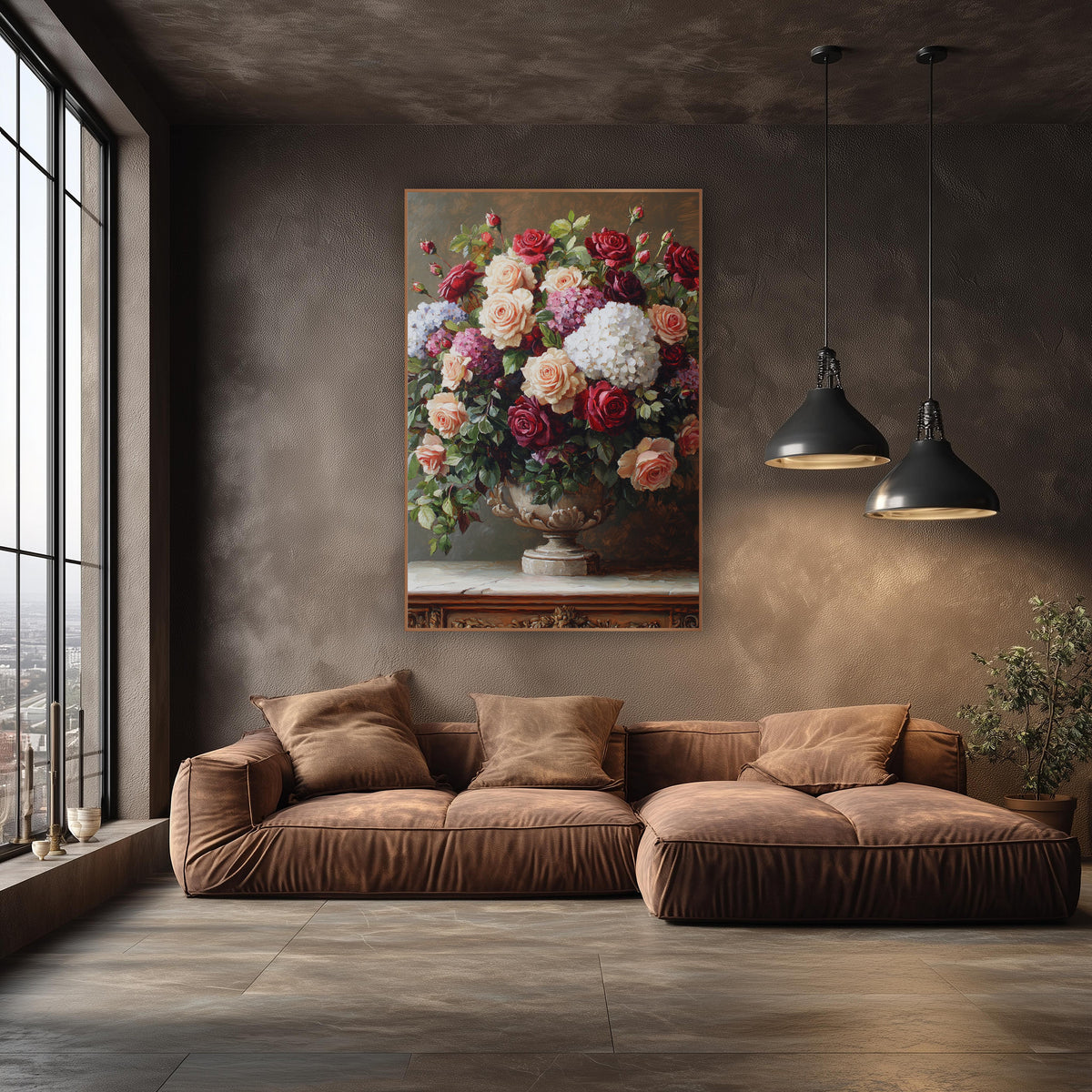 Overflowing Rose Hydrangea Bouquet Classic wall art in an elegant modern room – large bouquet of cream, peach