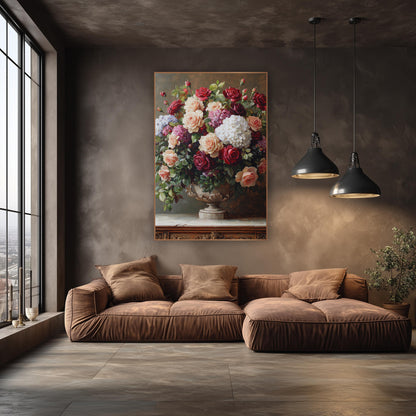 Overflowing Rose Hydrangea Bouquet Classic wall art in an elegant modern room – large bouquet of cream, peach