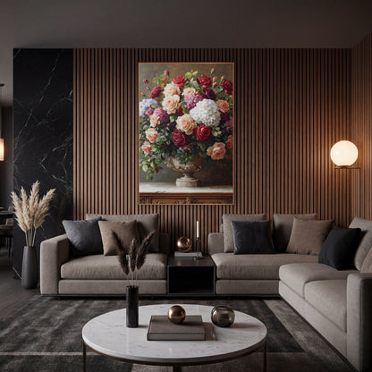 Overflowing Rose Hydrangea Bouquet Classic wall art in an elegant modern room – large bouquet of cream, peach